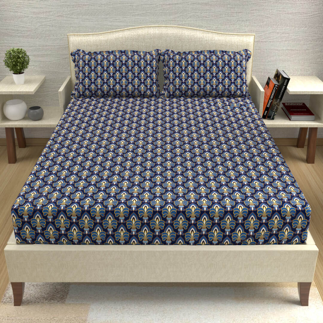 buy indigo and light blue intricate all over cotton double bed bedsheets online – front view